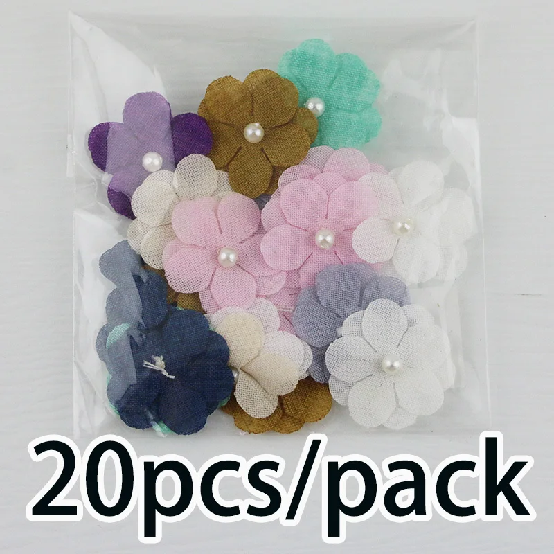 (20 Pcs/Pack) 25mm Five-Petal Flower Stickers Double-Layered Fabric with Mixed Color Pearl Petals Holiday Party Decorations