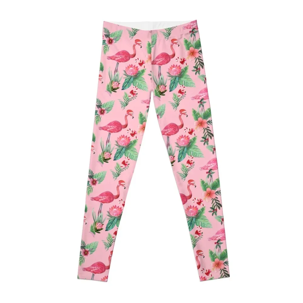 

Christmas Flamingo Santa on Pink with candy canes / Tropical Christmas Leggings joggers for Womens Leggings