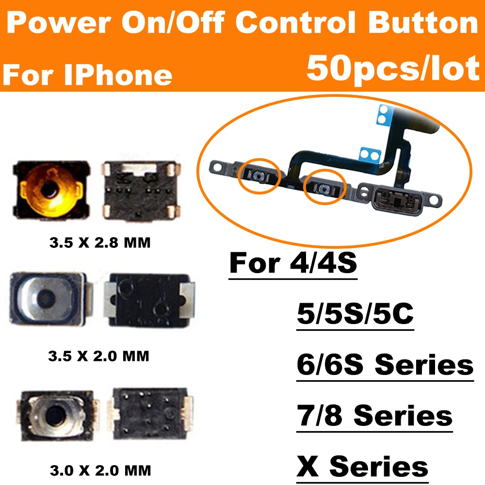50pcs Power Button Volume On Off Switch Micro Switch Phone Switch Key Power Volume Control Button For iPhone 4 4S 5 5S 5C 6 6S 7 8 Plus X XR XS Max