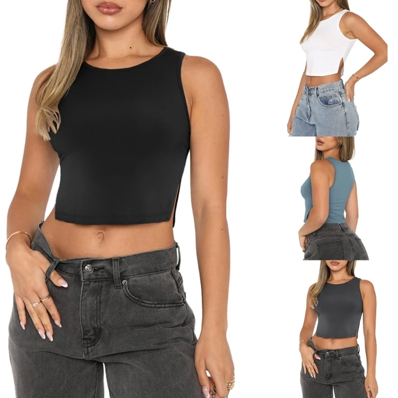 

Женский облегающий кроп-топ без рукавов, с круглым вырезом