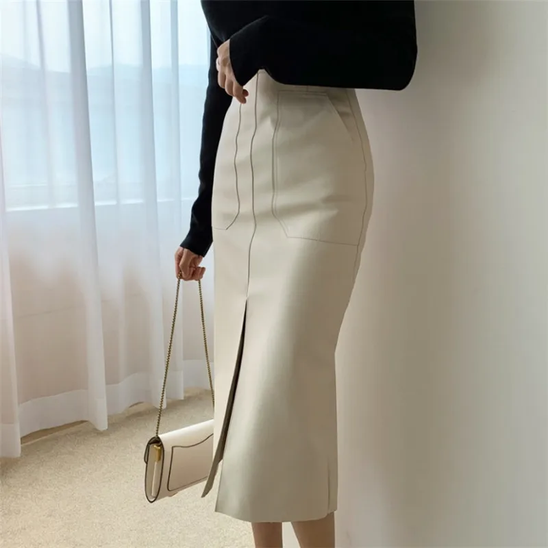 Women Sexy Front Split PU Leather Skirts High Waist Skirt Female Pockets Package Hip New 2023 Spring Zipper Midi Pencil Skirts sexy zipper women s demin pants pockets bleached old fashion jeans workwear skinny pencil pants 90s vintage clothes