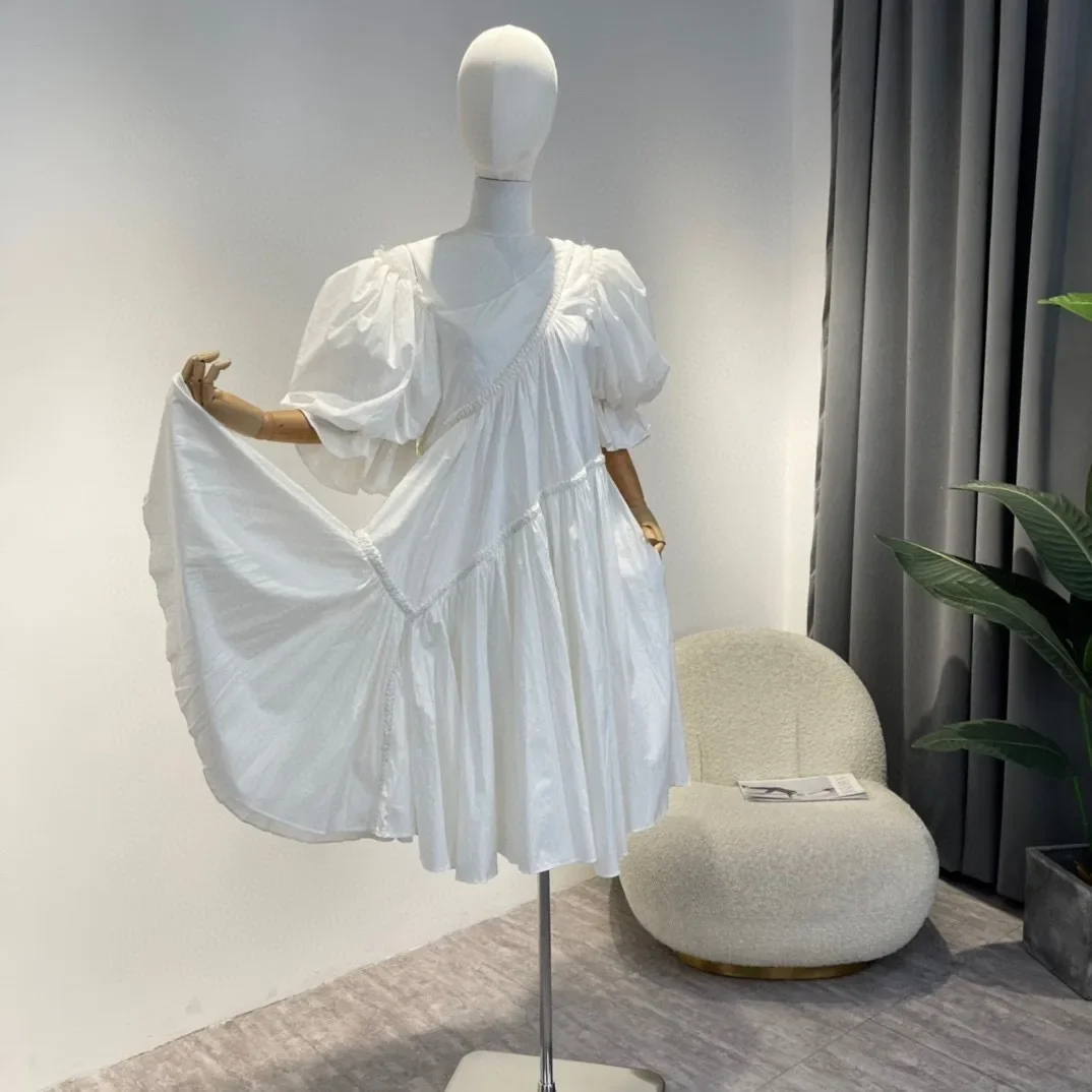 

White Short Puff Sleeve Diagonal Collar 2024 Spring Summer Sweet Style High Quality Cotton Midi Dress