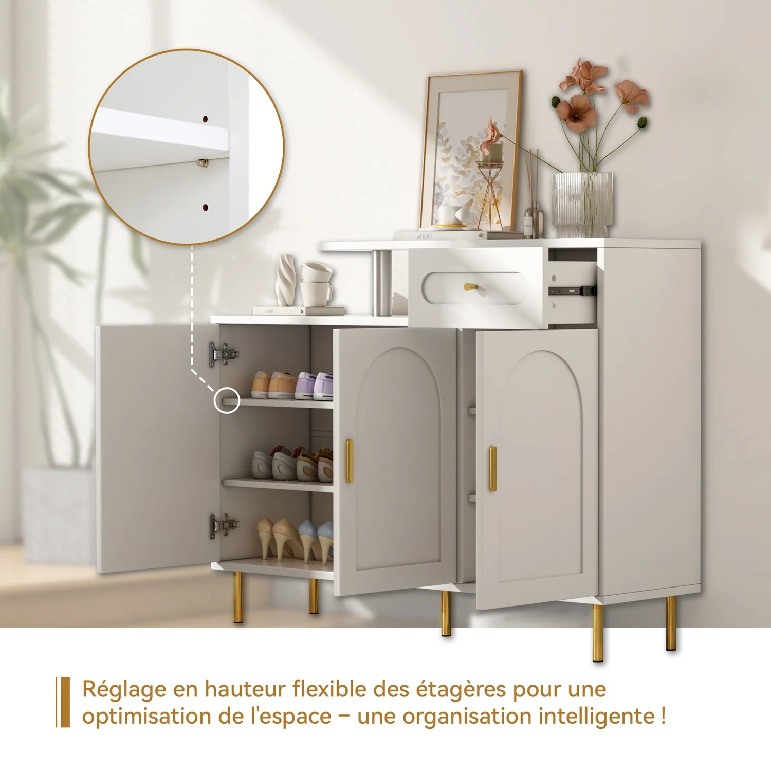 Modern Dresser/Sideboard/Shoe Cabinet With Metal Handles, 1 Drawer And 3 Doors, On Metal Feet, White. Size B120×H92×T35 Cm – Detail 4