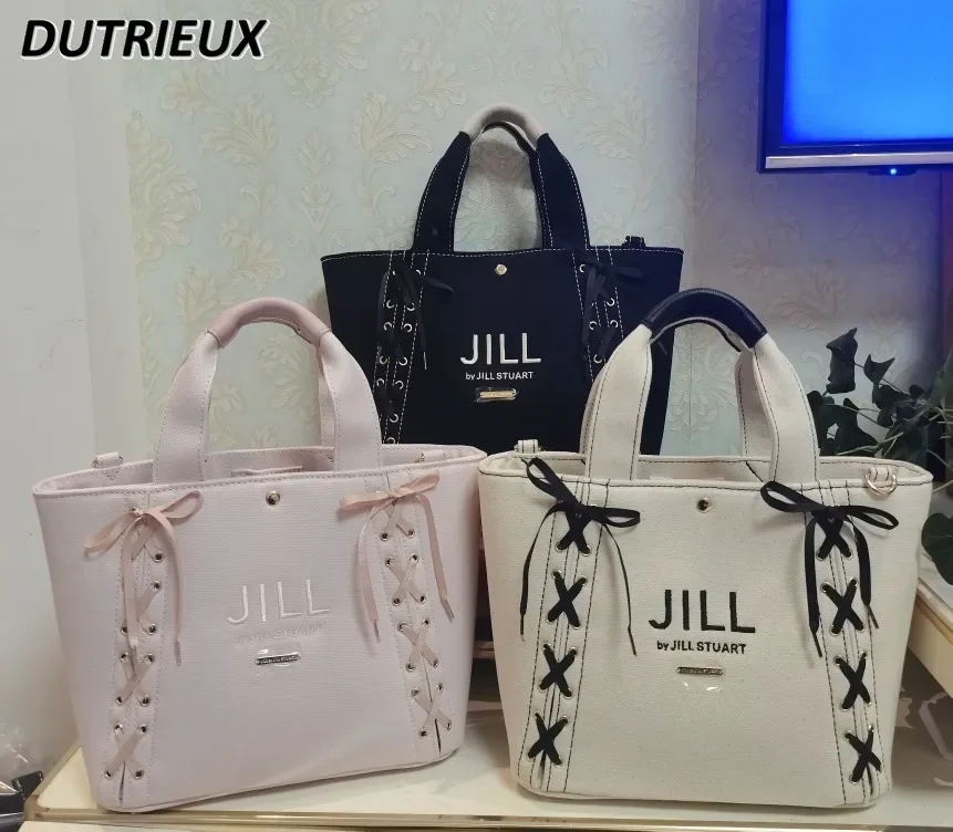 

Sweet Cute Ladies Cosmetic Bags Japanese Style Lace Bow Canvas Handbag for Women Hand-Carrying Crossbody Bag Female