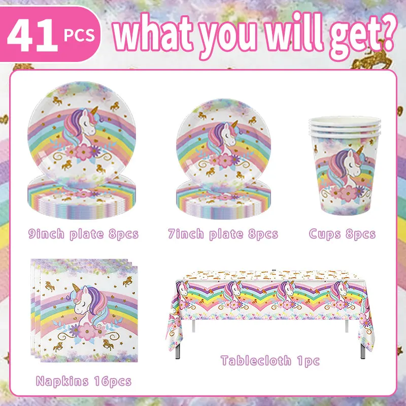 Regenbogen-Einhorn Geburtstagsdekoration Tischgeschirr Teller Tischdecke Servietten Strohhalme Partyzubehör für Kinder Ballon Tortendekoration Banner – Detail 33