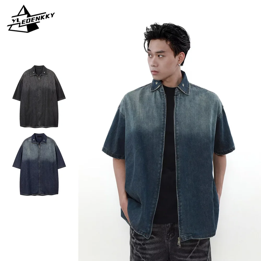 

Washed Denim Shirt Men Women INS Gradient Loose Zip Half Sleeves Tops Summer Casual Cowboy T-shirt American Retro Street Tees