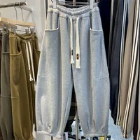 Cargo Pants Women Sporty Solid Plush Sweatpants Korean Style Casual Drawstring Elastic Waisted Streetwear Clothing Harem Pants