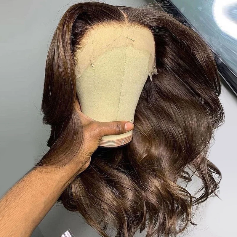 

Brown Human Hair Wig 13x4 Lace Front Wigs Wavy Short Bob 4*4 Closure Wig Remy Pre Plucked T Part Lace Wig 250% Bleached Knots