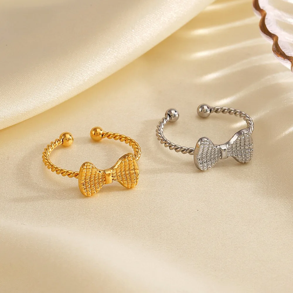 Gold Plated Ribbed Cute Mini Bowknot Rings Twist Circle Opening Adjustable Stainless Steel Bow Knot Party Accessories Jewelry