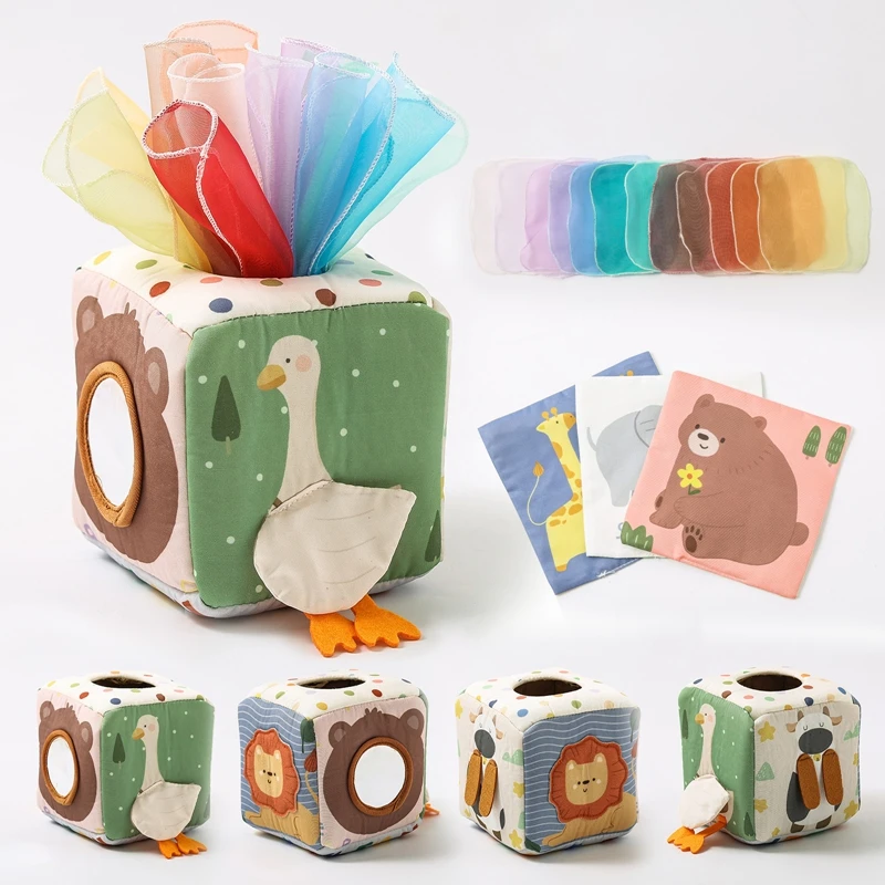 Baby Cotton Tissue Box Montessori Toys Colorful Soft Sensory Toys For Toddler Finger Exercising Pumping Silk Scarf Baby Game