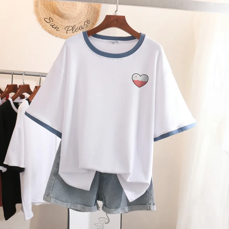 

EBAIHUI Plus Size T Shirt 100% Cotton L-4XL Tshirt Short Sleeve Women Top Summer Heart Print O Neck Patchwork Oversize T Shirts