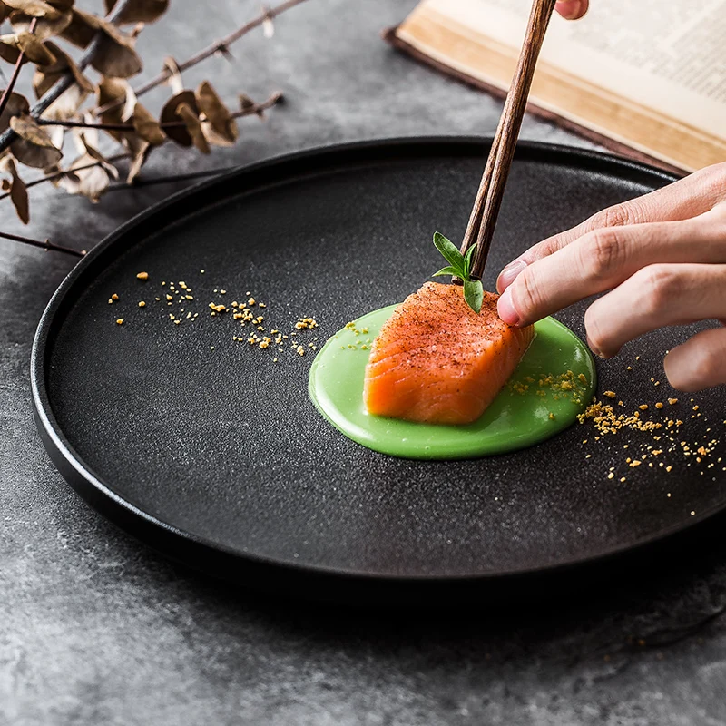 

Black ceramic retro steak plate simple frosted restaurant Western food plate plain plate fish plate salad plate