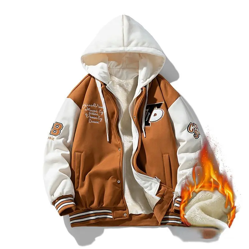 Embroidery Trendy Sweatshirt Coat Thick Warm Zipper Lamb Wool Jacket Men and Woman Winter Plush Lined Hip Hop Cardigan Hoodie