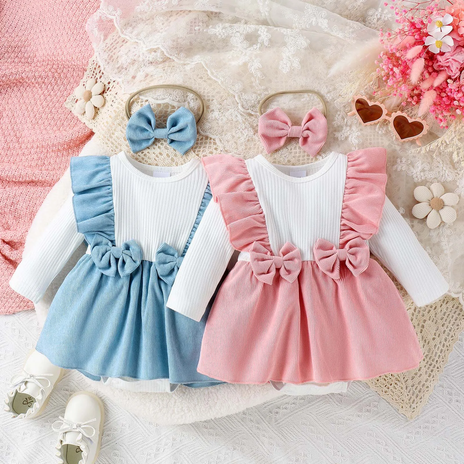 

Romer Dress Newborn Baby Girls Clothes New Born Overalls Jumpsuits Long Sleeve Romper with Headband Two Piece Sets 0-18Months