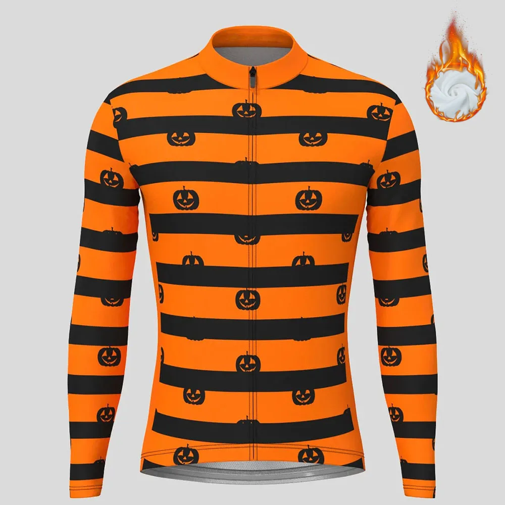 

Halloween Pumpkin Stripe Men Winter Thermal Fleece Cycling Jersey Long Sleeve Jackets Bicycle MTB Coat Road Bike Sports Clothing