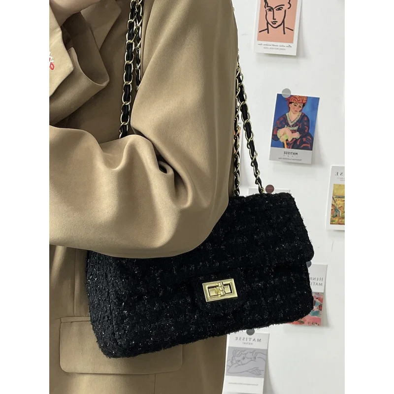 New autumn and winter fashion woolen diamond grid chain bag for women, single shoulder crossbody bag, fashionable handbag