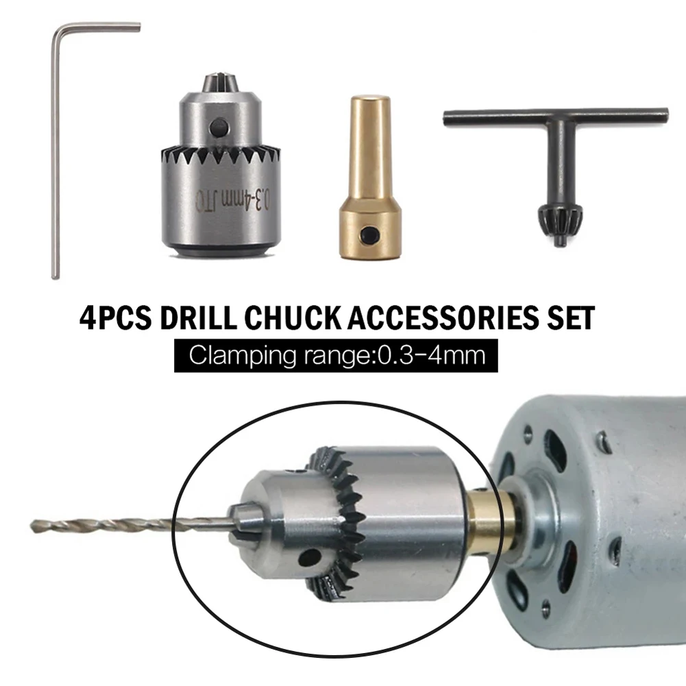 4Pcs Set JT0 Micro Motor Drill Chuck T/L Spanner Clamping Range 0.3-4mm Motor Shaft 3.17mm For Impact Dril Power Electric Drill micro motor drill chucks clamping 0 3 4mm tjo taper mounted drill chuck 3 17mm brass mini cordless drill power motor shaft