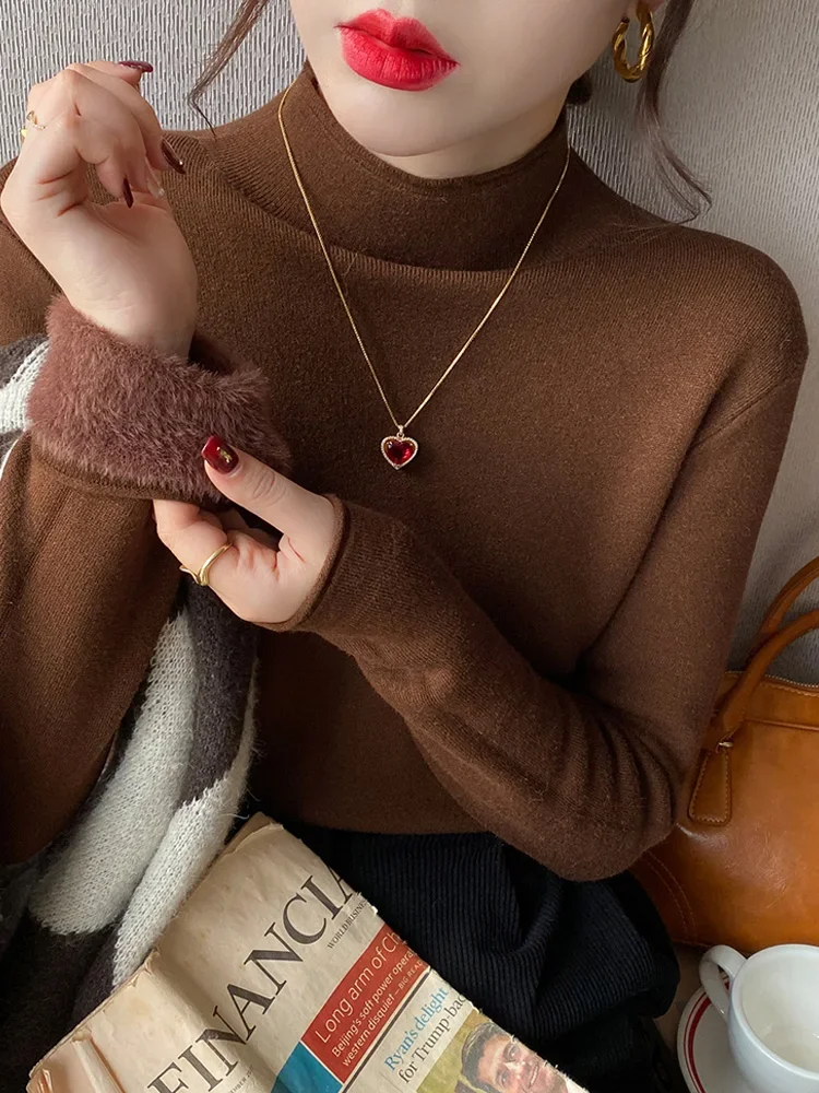 Fashion Autumn and Winter New Solid Color Women's Long-sleeved Sweater Elegant Knitwear Mock Neck Pullover Bottoming Shirt