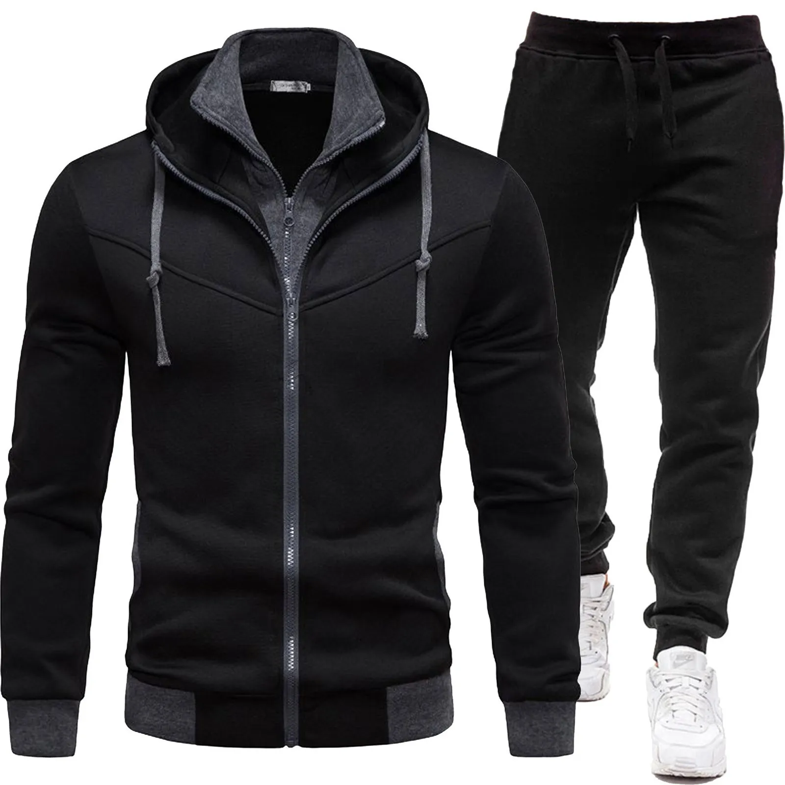 Causal Tracksuit Men's Hooded Bomber Jacket Outfit Male Zipper Hoodie + Pants 2pcs Jogging Sports Suit Sports Two Piece Set