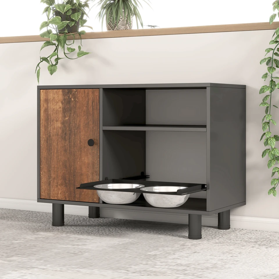 Large Pet Feeding Table with Storage and Bowls