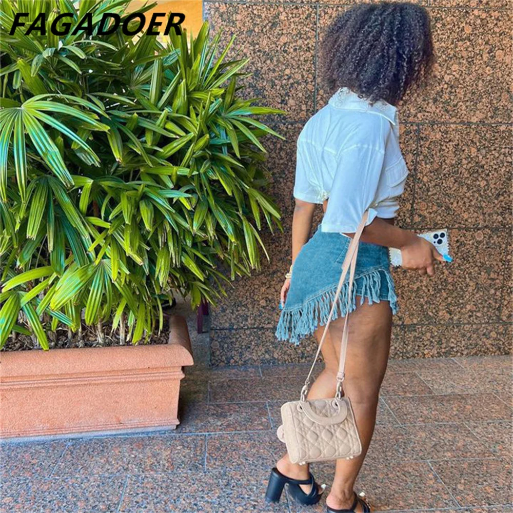 FAGADOER Fashion Y2K Denim Tassels Shorts Women High Waisted Button Slim Shorts Summer Irregular Cowboy Matching Bottoms 2023