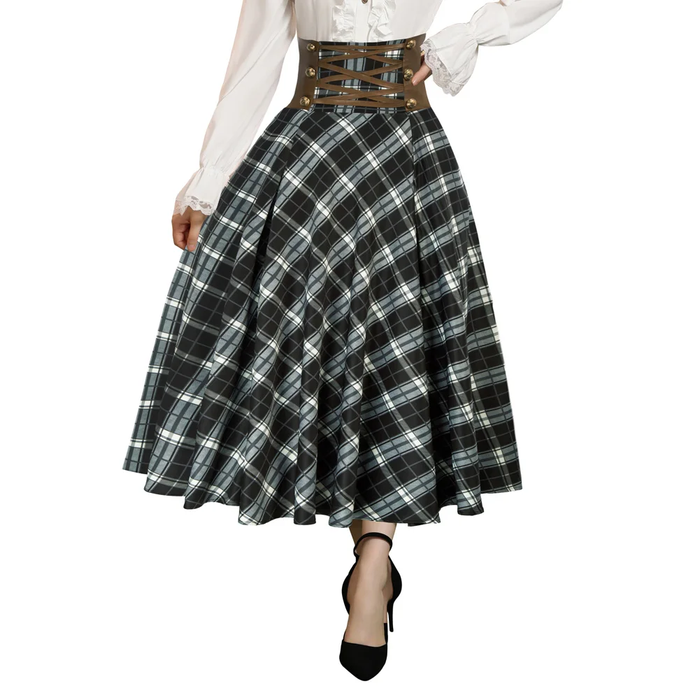 SD Women Skirts Leather High Waist Vintage Renaissance Swing Skirt Elastic Ankle Length Maxi Skirt Smocked Back Waistline Skirts