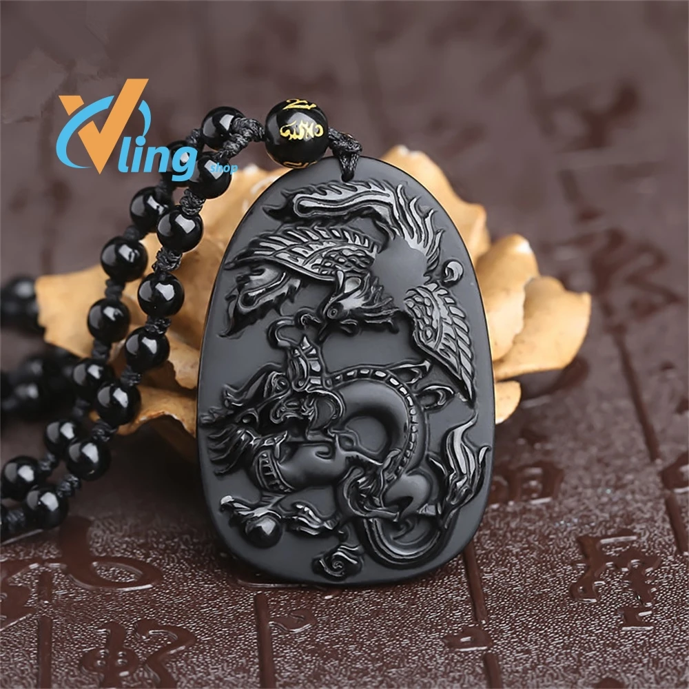 Natural Obsidian Dragon And Phoenix Pendant StatementNecklaceBohemianMan Nick Little Girl Korean Fashion Lucky Charmsspiritual