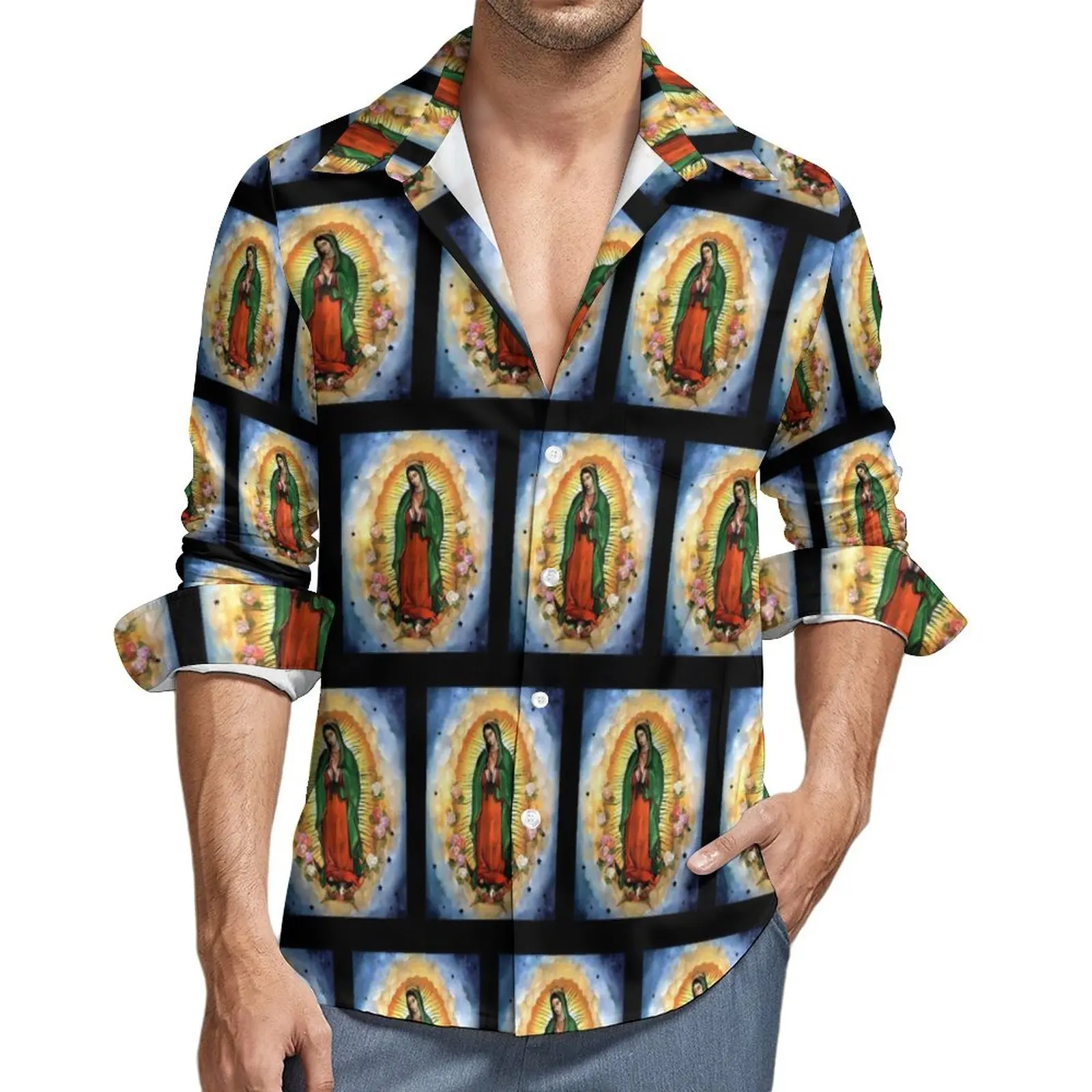 

Virgin Mary Stylish Casual Shirt Man Our Lady of Guadalupe Shirt Autumn Fashion Blouses Long Sleeve Design Oversized Clothing