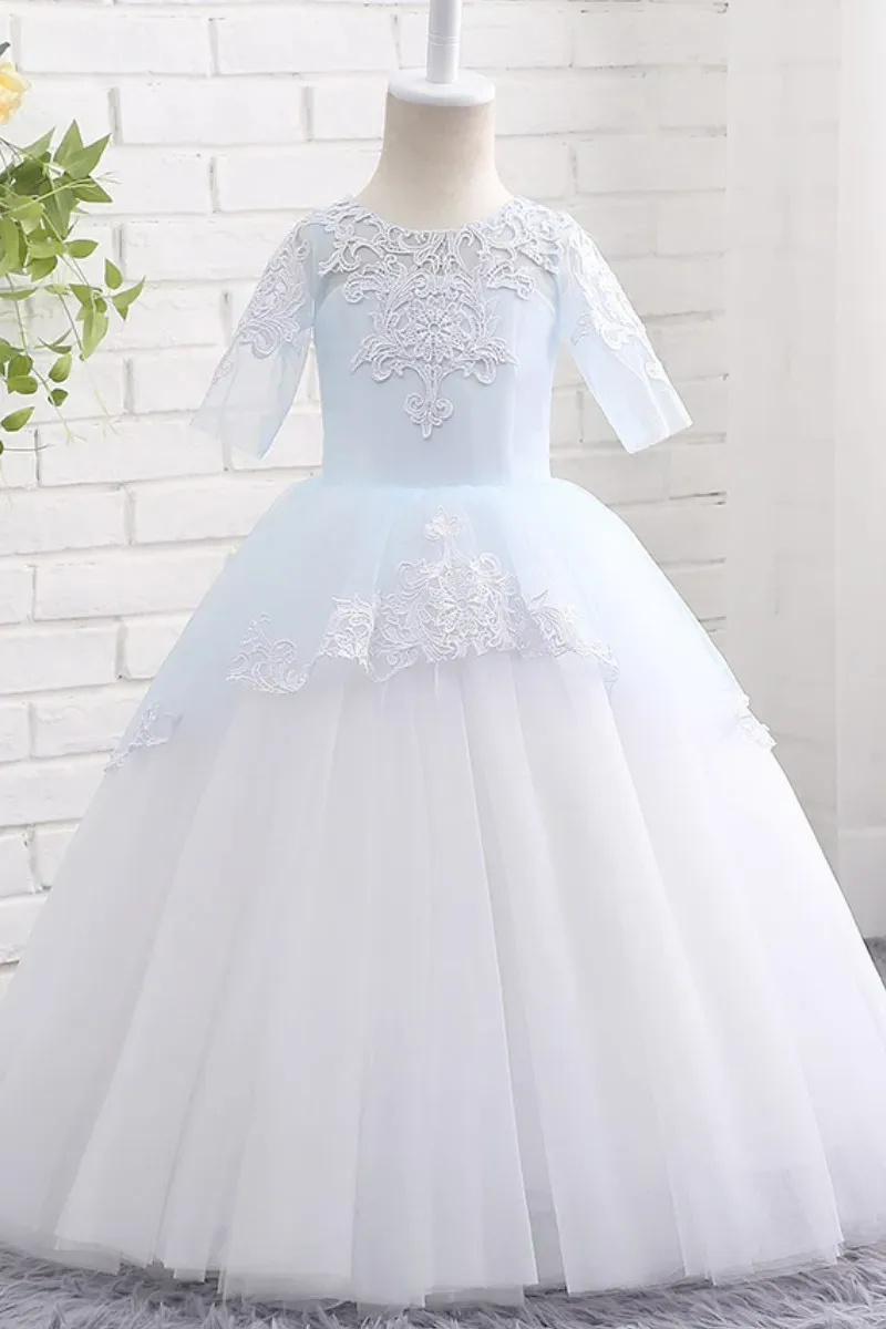 

Flower Girl Sky Blue And White Puffy Tulle Half Sleeve Lace Appliques Fit Wedding Birthday Prom First Communion Gowns