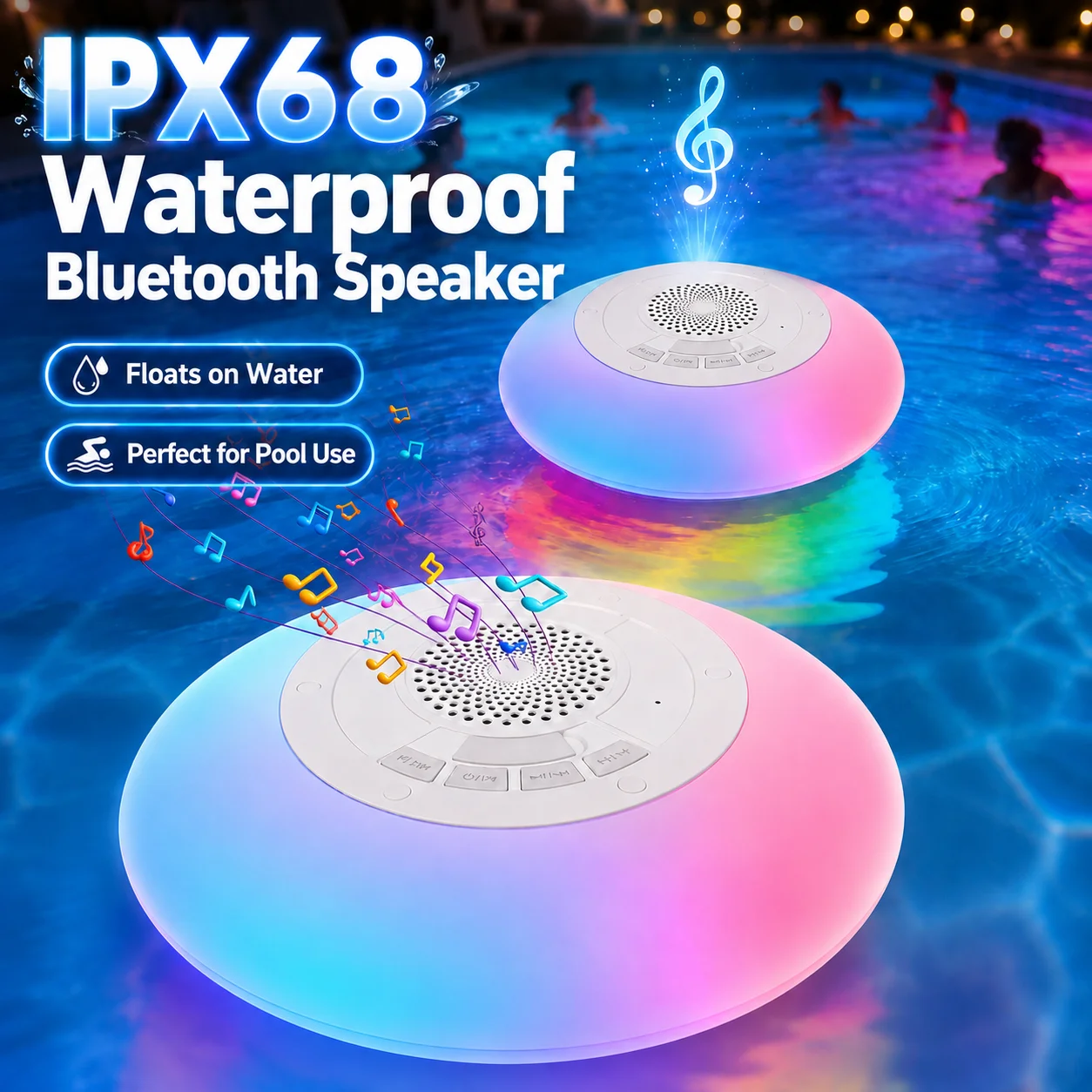 Portable Waterproof Bluetooth Pool Speaker with Colorful Lights and Built-in Mic