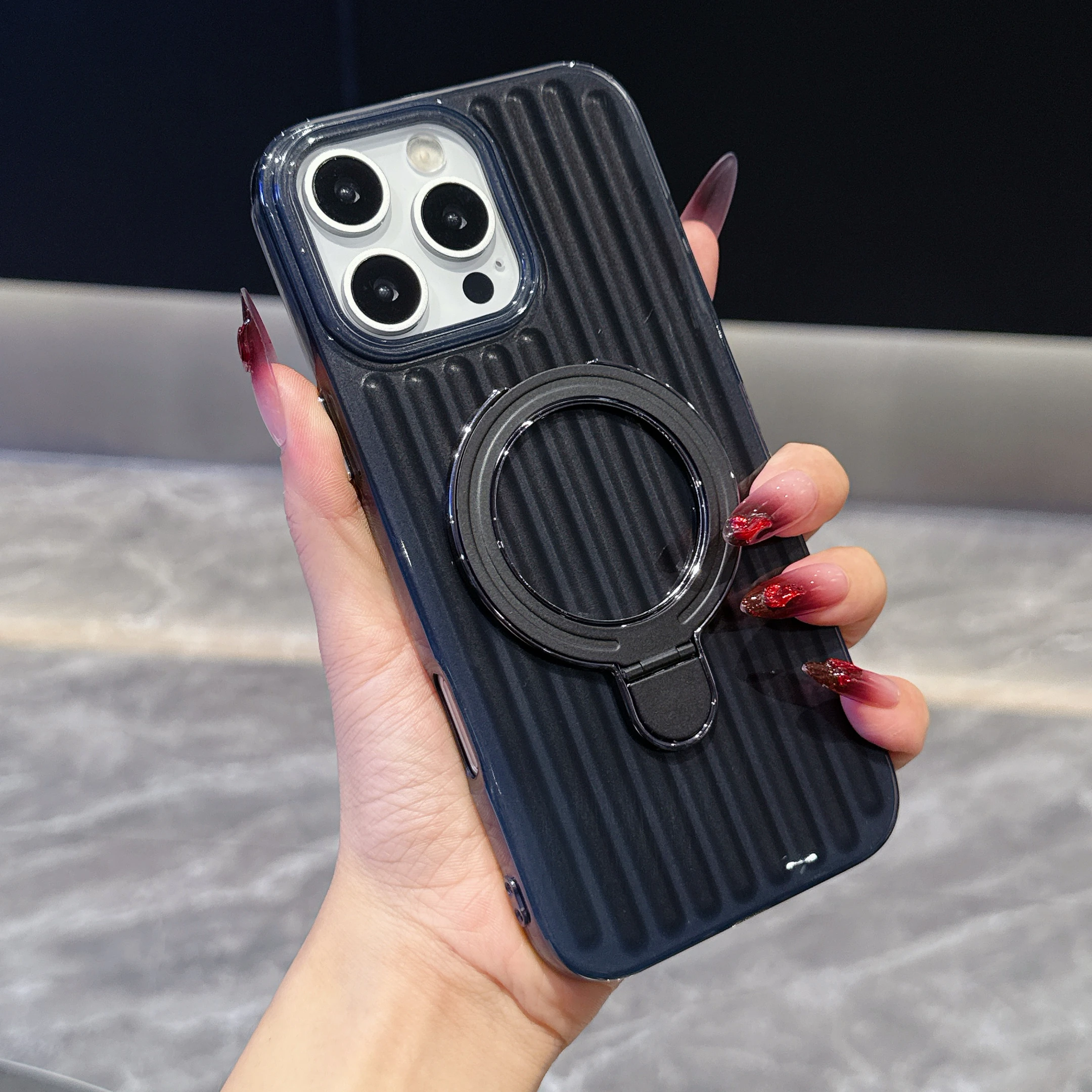 Corrugated Magnetic Folding Stand Holder Case with Stripe Design