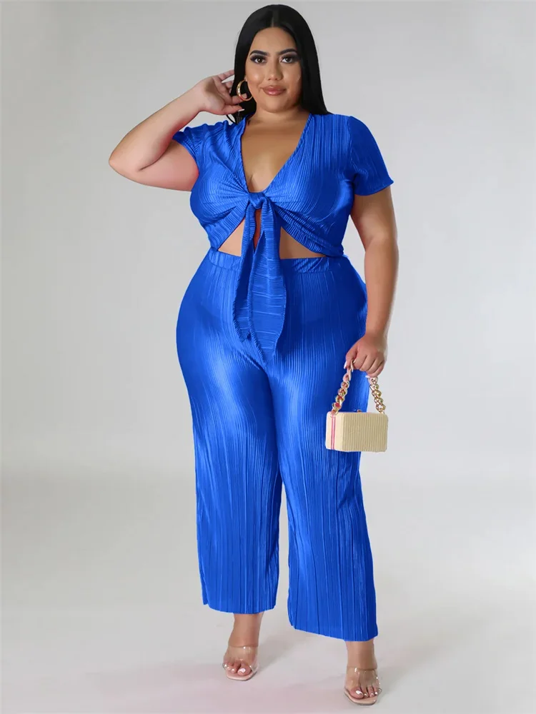 Wmstar Plus Size Two Piece Sets Women Clothing Solid V Neck Tops and Pants Wide Leg Matching Set Wholesale Dropshopping 2023