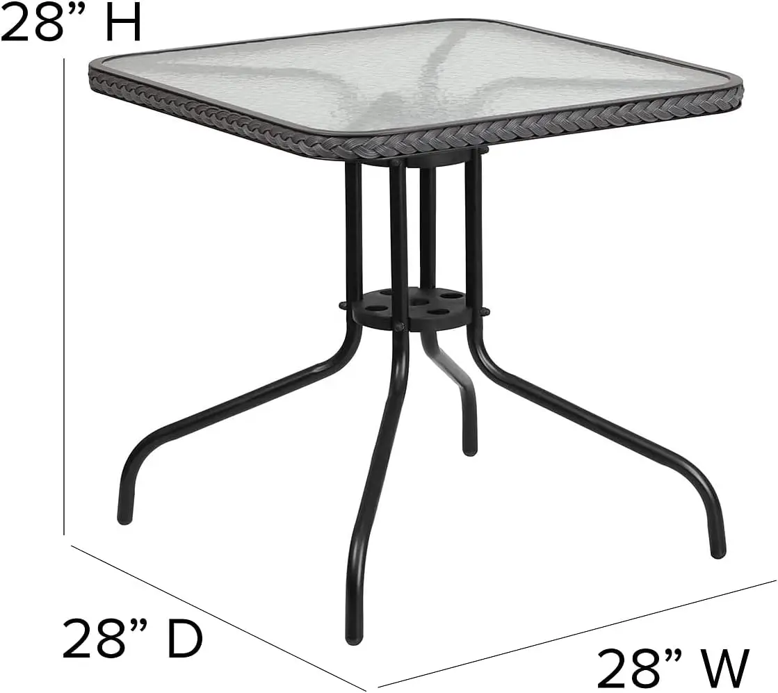 Lila 28'' Square Glass Metal Table with Dark Brown Rattan Edging and 4 Dark Brown Rattan Stack Chairs