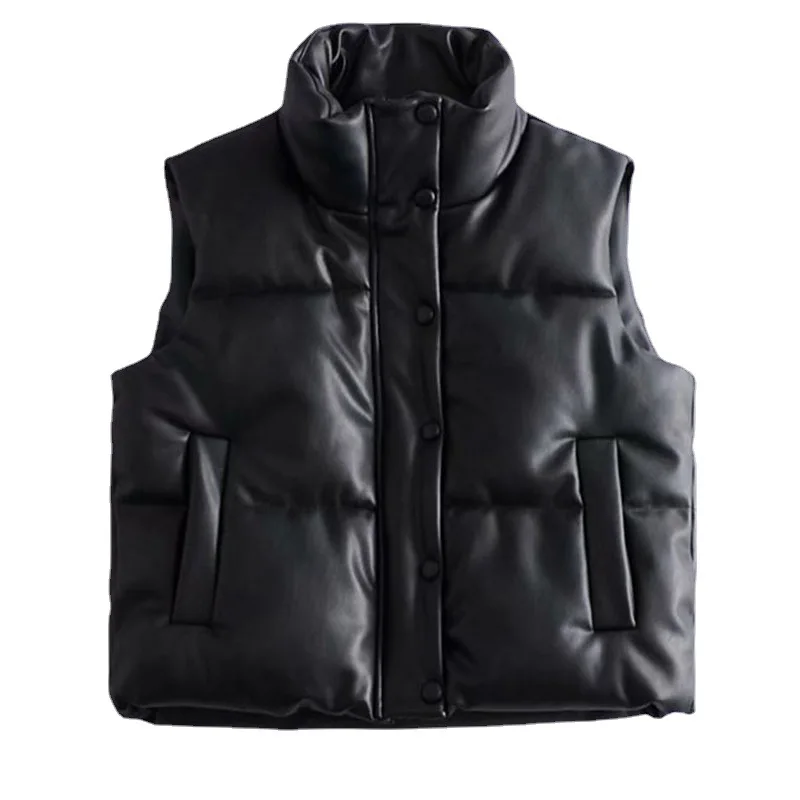 Street Style Autumn and Winter 2024 Women's Leather Cotton Jacket Vest Top Women's Sleeveless Stand-up Collar Thick Warm Jacket