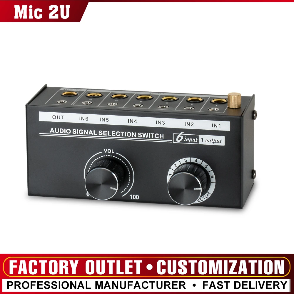 

Audio Switcher Sound Channel Selector 3.5/6.5mm L/R Stereo Audio Switch 6 In 1 Out with Volume Control for Audio Signal Source
