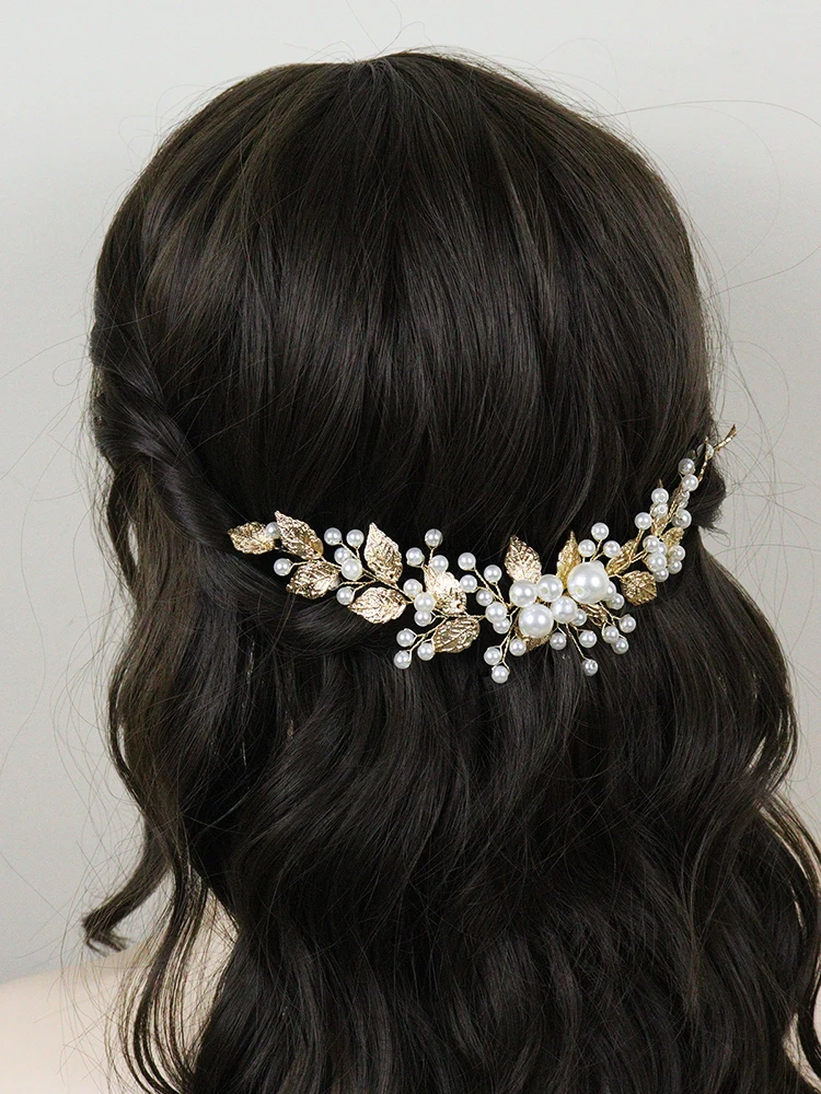 Hair Accessories Bridal Hair Accessories Bridal Jewelry Set-Handmade Golden Leaf Pearls Headband for Bride Party Wedding