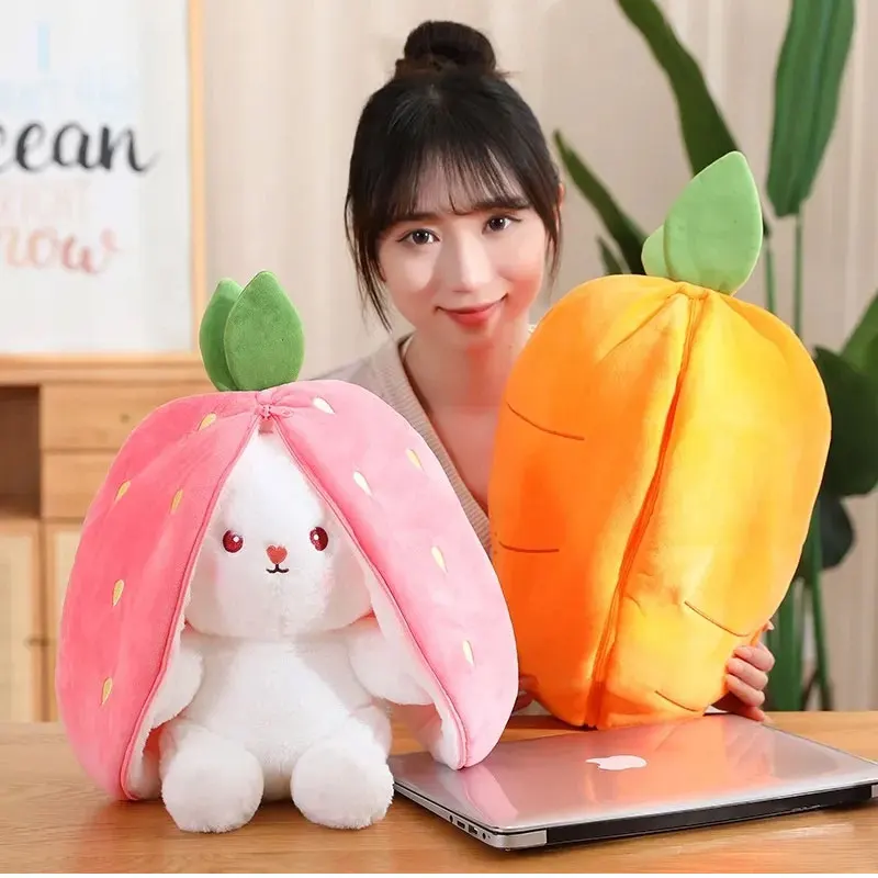 S2e69a681393d4af69e06e6d13ed7f44cr Cute Cartoon Rabbit Transfigured Plush Toys Kawaii Carrot Strawberry Turn Into Rabbit Stuffed Dolls Birthday Gifts for Children