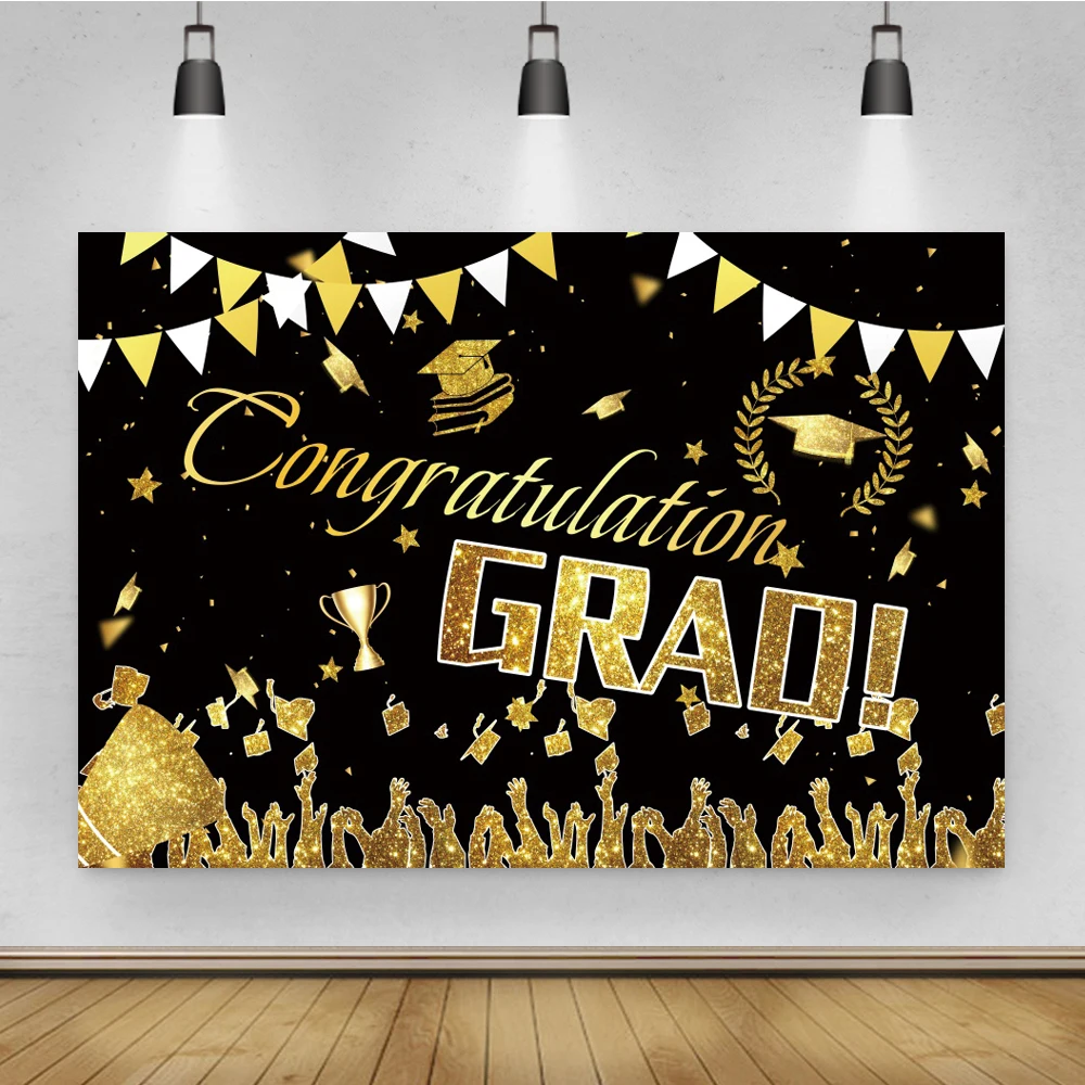 Congratulations Graduation Party Decor Poster Gold Balloon Ribbons Black Photography Backdrop Vinyl Background