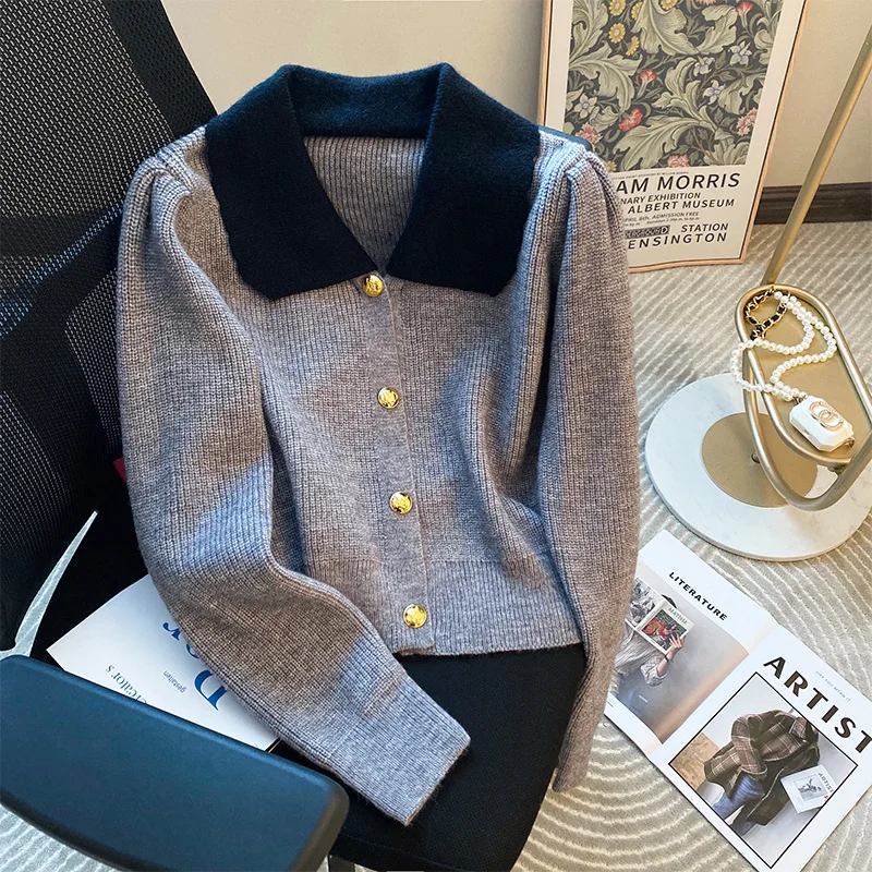 

New Women's Sweater Fashion Gray Lapel Single-breasted Soft Slim Short Sweaters 2023 Autumn Winter Thickened Knit Coat