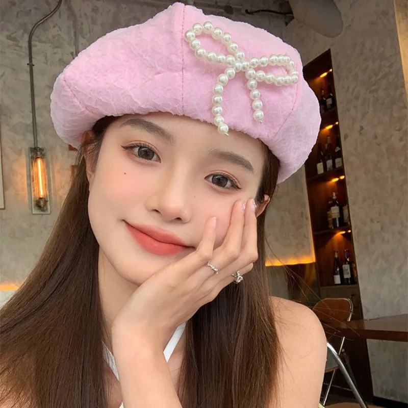 

Sweet Pearl Bow Beret Caps for Women Seersucker French Hat Artist Warm Beanie Cap Autumn Winter Retro Solid Pink Beret Hat Y2k