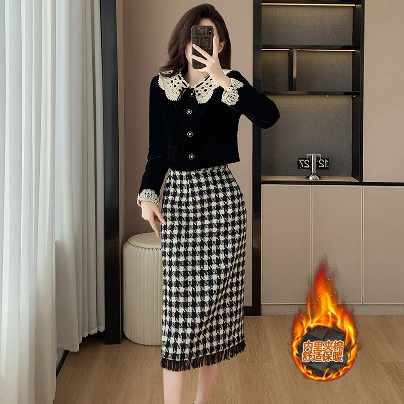 

Autumn Winter Women Elegant Skirt Suits Sweet Lace Peter pan Collar Short Jacket And Houndstooth Tassel Long Skirt Two Piece Set