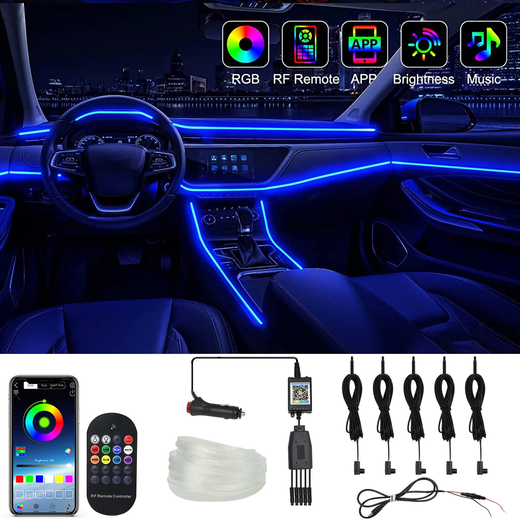 DC12V Car Interior Neon RGB Led Strip Lights 2/5/6 IN 1 Bluetooth APP