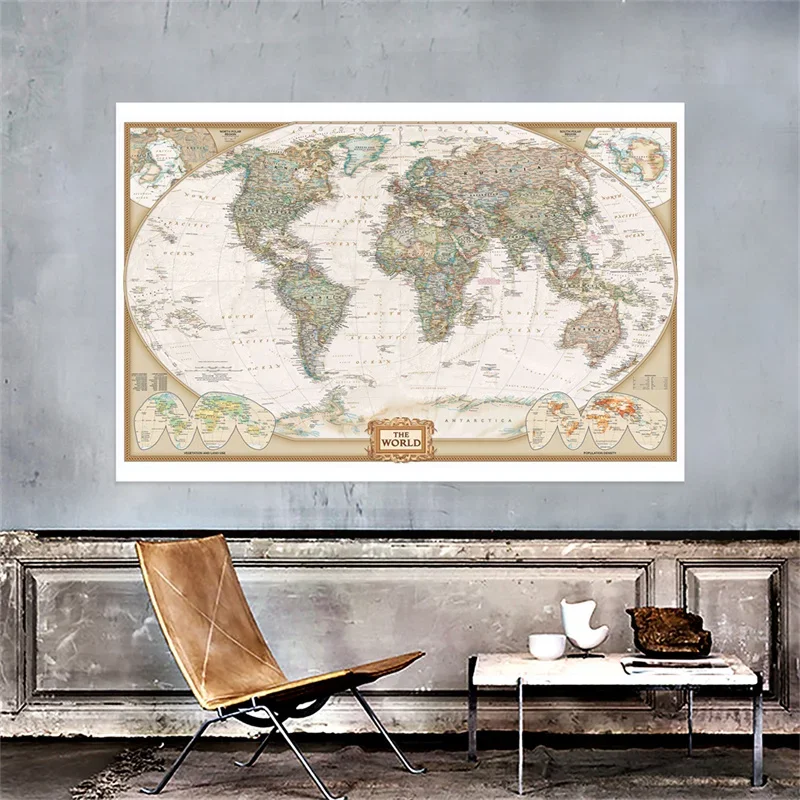 150x100cm Vintage World Map Non-woven Painting Retro Decorative Hanging Picture Wall Art Poster School Supplies Home Decor