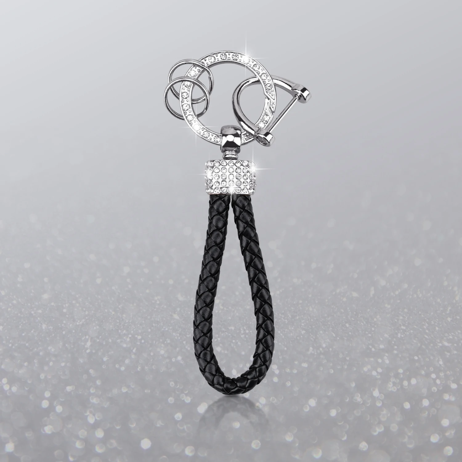 Handcrafted Braided Rope Keychain with Sparkling Rhinestones - Stylish Monochrome Fashion Accessory