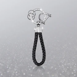 Handcrafted Braided Rope Keychain with Sparkling Rhinestones - Stylish Monochrome Fashion Accessory (Black)