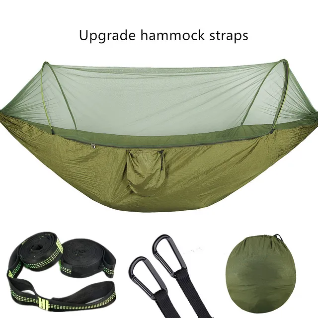 2021 Camping Hammock with Mosquito Net Pop-Up Light Portable Outdoor Parachute Hammocks Swing Sleeping Hammock Camping Stuff Army Green-10 rings