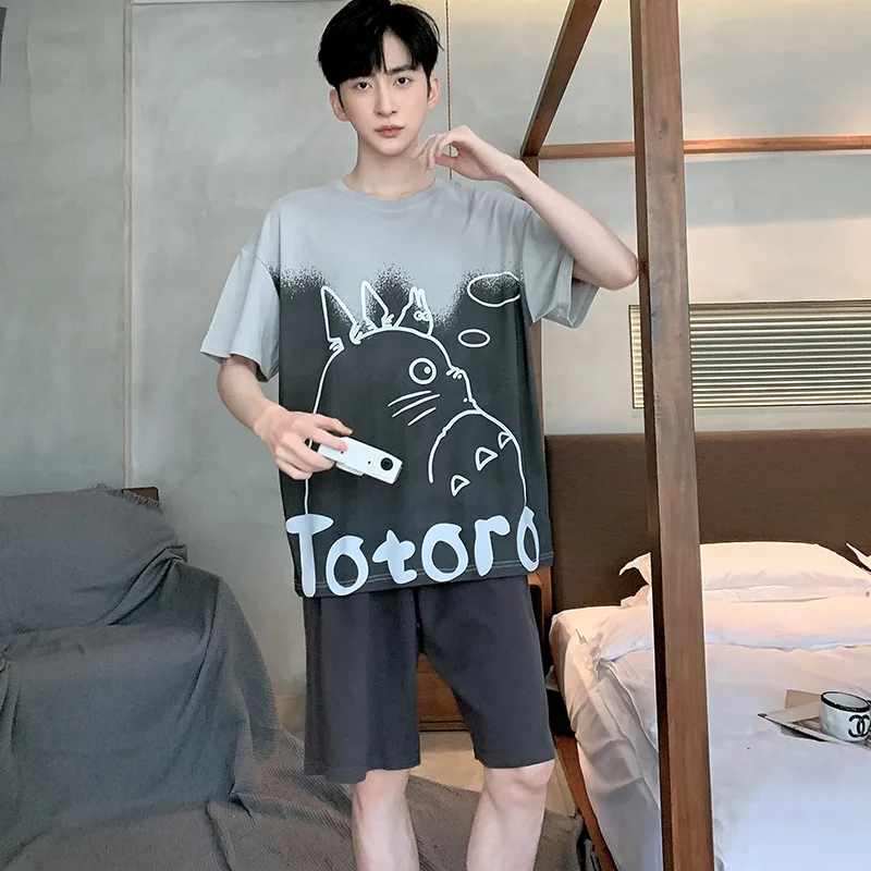 2 Sets of Men's Pajamas Set of Knitted Cotton Students Homewear Short-Sleeved Shorts Cartoon Top Shorts Sleepwear Loungewear