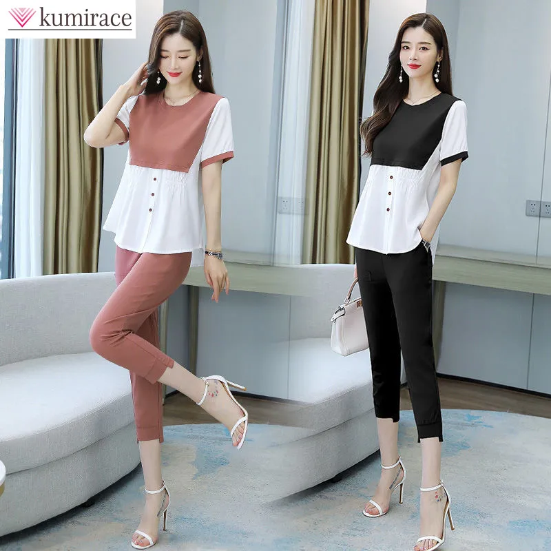 Button Decorative Stitching Slim Fit Short Sleeve Chiffon Shirt T-shirt Casual Trousers Two Piece Elegant Women's Pants Set