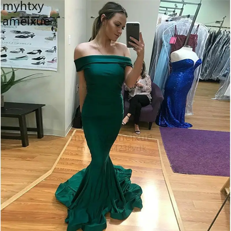 

Long Sexy Greed Long Mermaid Prom Dress Off The Shoulder Modest Satin Floor Lenght Womens Evening Gown Special Plus Size 2023