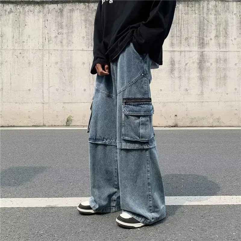 

Blue Harajuku Jeans Retro Cargo Denim Loose Trousers 2022 Autumn New Men And Women Wide Leg Casual Street Cotton Jeans All-Match